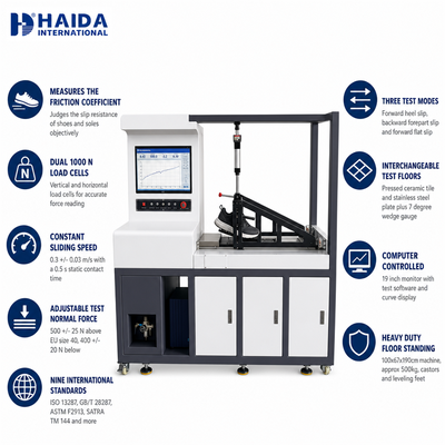 HAIDA 미끄럼 방지 테스터 신발 밑창 마찰 계수 시험기 ISO 13287 ASTM F2913 신발 시험 장비